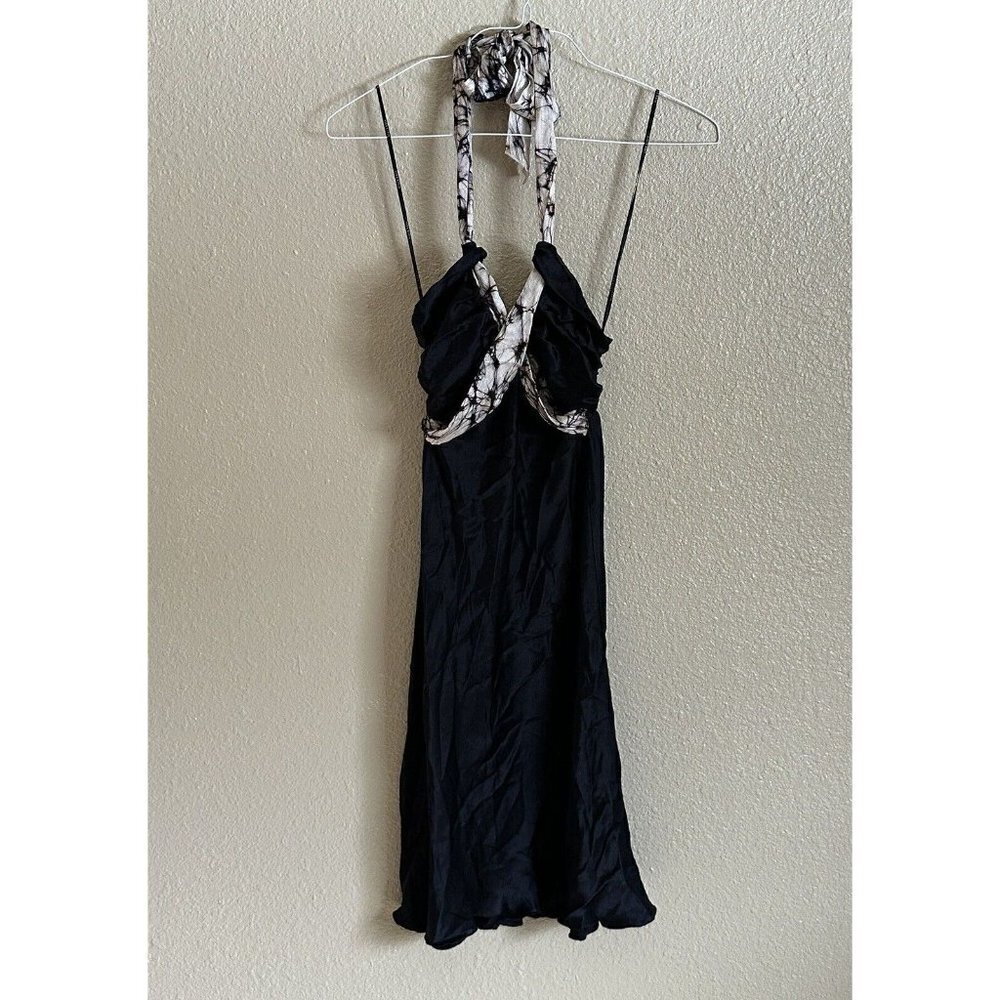 Black Halo Womens XS Black 100% Silk Halter Mini Dress Y2K Sexy Lightweight